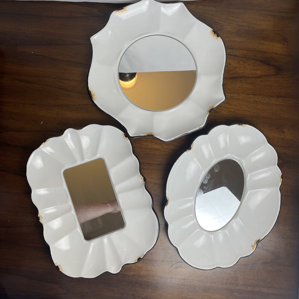 3 Piece White Mirror Set Shabby Chic Distressed Farmhouse Faux-Enamelware Rustic